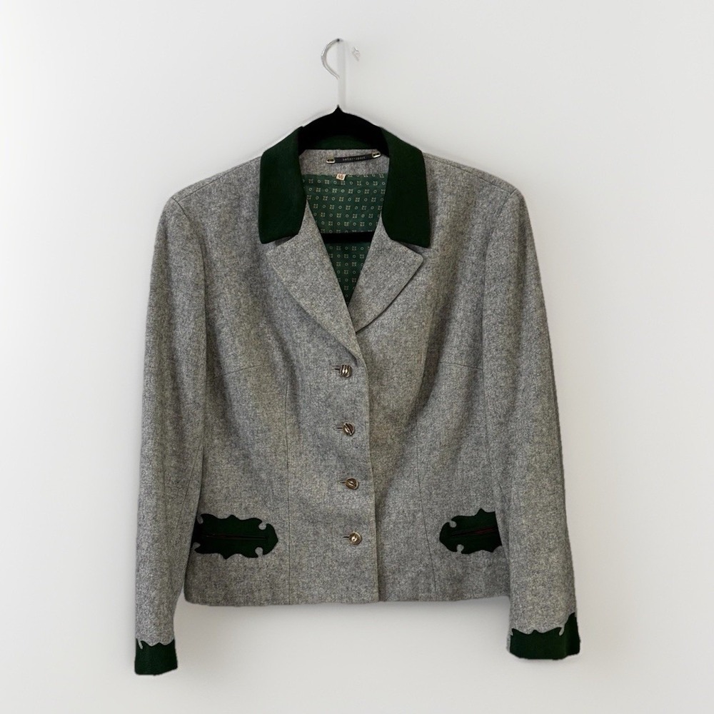 HELLER SPORT Jacket Gray & Green Trim Women Austria Design Alpine Cottagecore 40